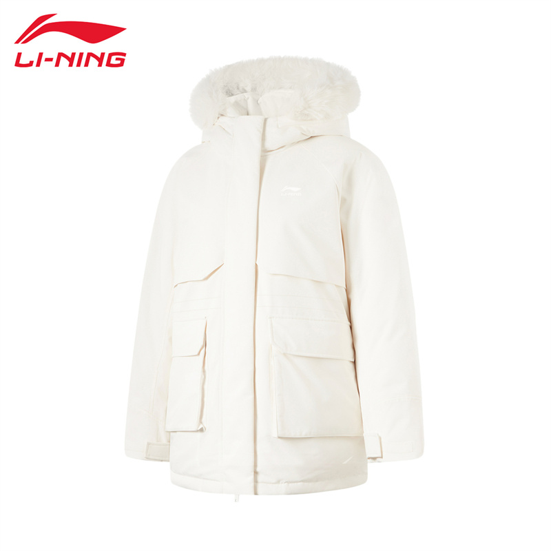 李宁羽绒服女士中长款冬季加厚保暖防风运动连帽休闲外套AYMU542