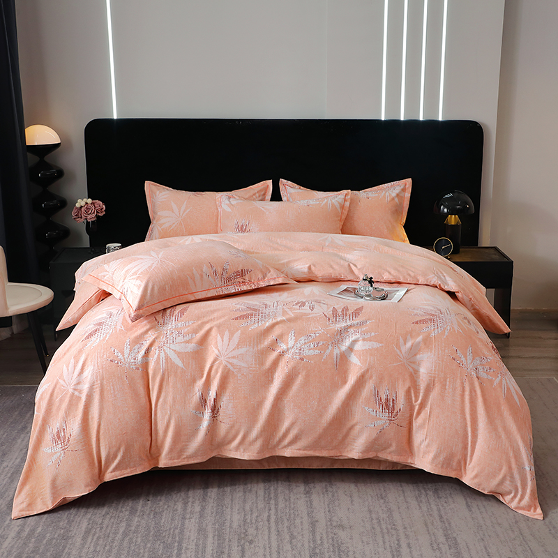 嫩红色四件套全棉加厚磨毛被袋纯棉淡橘色浅粉枫叶单人双人加大款