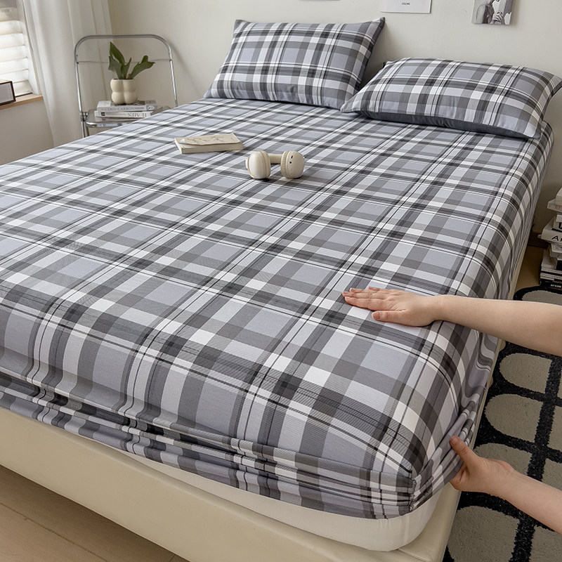 100全棉床笠单件浅灰黑白色大格子纯棉斜纹床罩套1.5m1.8米四季款