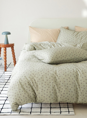 高密度全棉斜纹四件套淡绿咸菜灰绿紫色小碎花床单笠纯棉被套加大