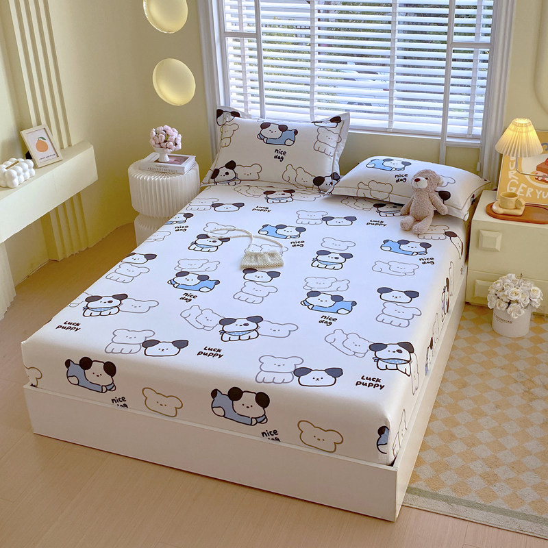 全棉休闲斜纹床笠单件纯白底色黑白小狗卡通纯棉床罩套1.21.51.8m