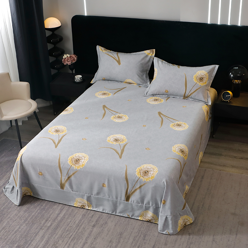 浅灰色床单单件全棉加厚磨毛被单纯棉黄色小花朵单人双人加大款式