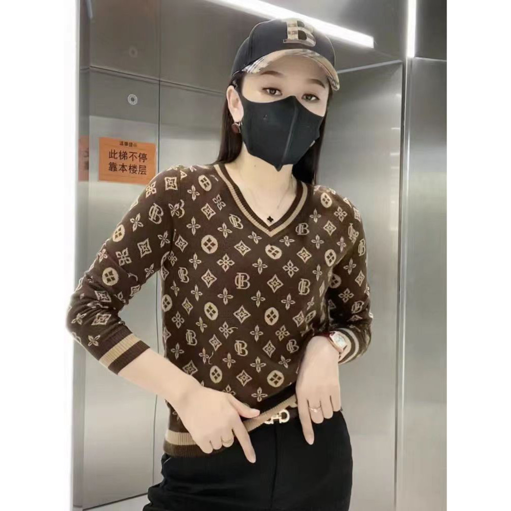 奢华秋冬季新款时尚上衣毛衣女装V领修身休闲百搭套头长袖针织衫