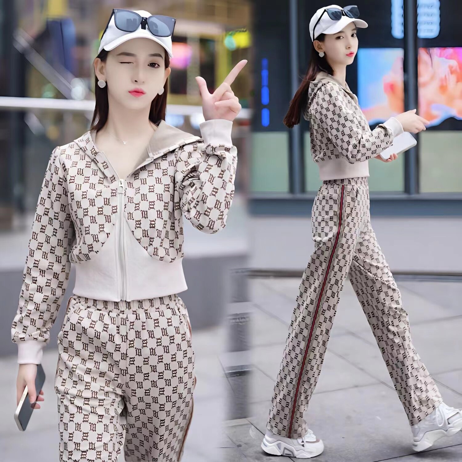 休闲运动服套装女生春秋季2025年新款开衫连帽修身时尚女士秋季装