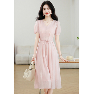 高级感粉色收腰气质裙子女 V领短袖 简单大方连衣裙女夏季 2026新款