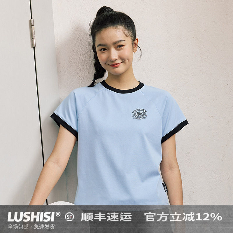 LUSHISI女子运动速干混纺圆领短款短袖健身跑步篮球tee恤女[徽章]