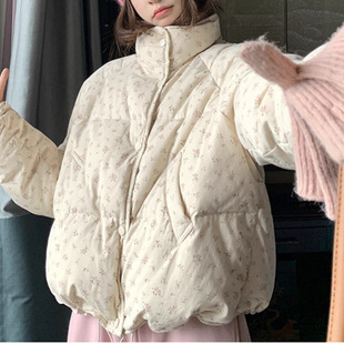 碎花休闲羽绒服女生款冬季新款小个子甜美加厚白鸭绒立领面包服潮
