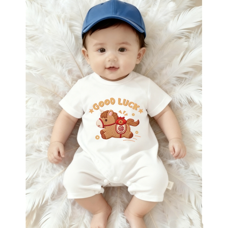 马上好运婴儿短袖连体衣服夏季男女宝宝可爱哈衣卡通超萌白色高级