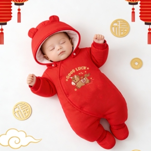 马年婴儿衣服冬天冬季新生儿宝宝连体衣红色拜年满月服秋冬装