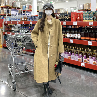枫叶黄气质女神范立领毛呢外套女2025冬季新款双面呢长款羊毛大衣