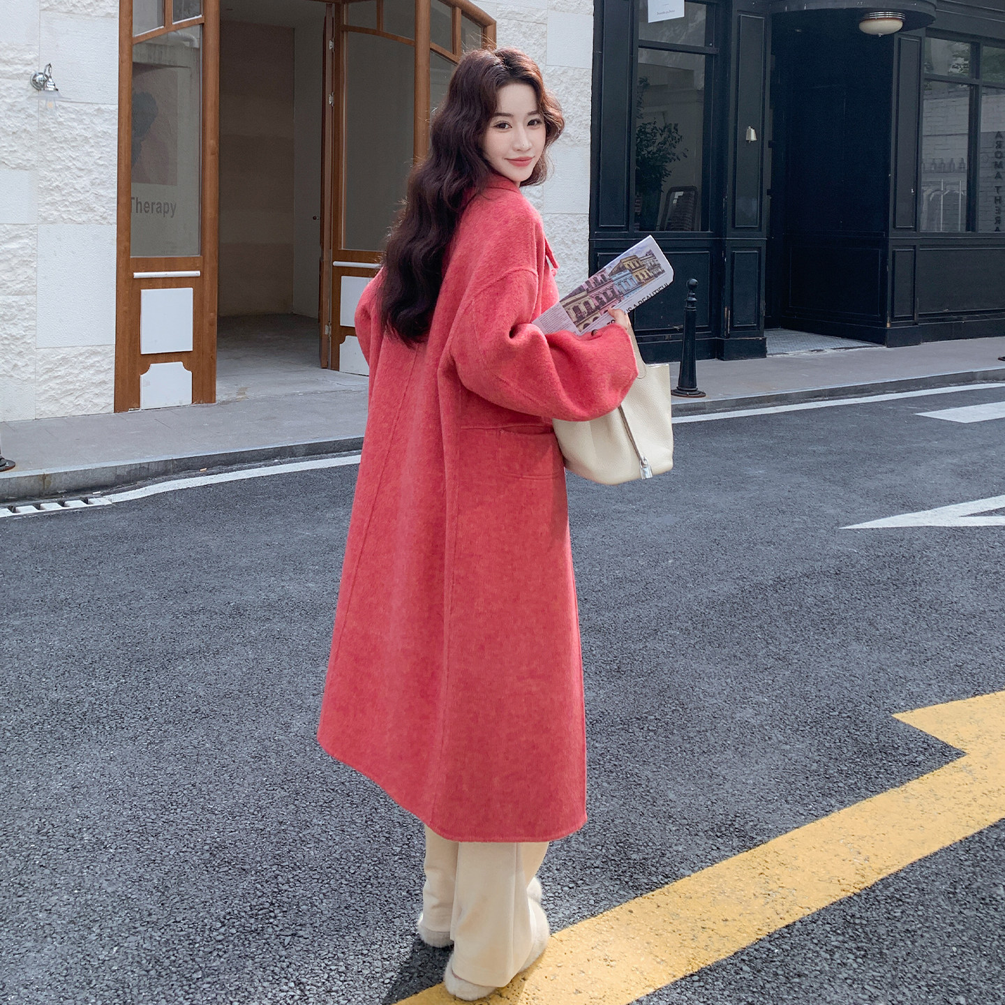 玫红色韩系高级感双面呢羊毛大衣女2025年冬季新款甜美风毛呢外套