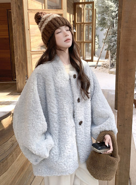 浅蓝色小清新甜美减龄皮毛一体外套女2025年冬季新款慵懒时尚棉服