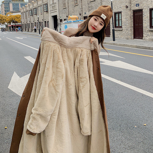长款派克服女冬加厚情侣款连帽兔绒大衣外套韩版宽松棉服皮草棉衣