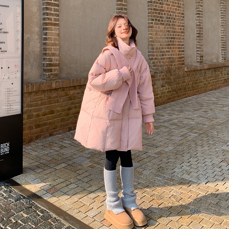 粉色设计感可拆卸针织连帽围巾羽绒服女2025冬季新款甜美减龄外套