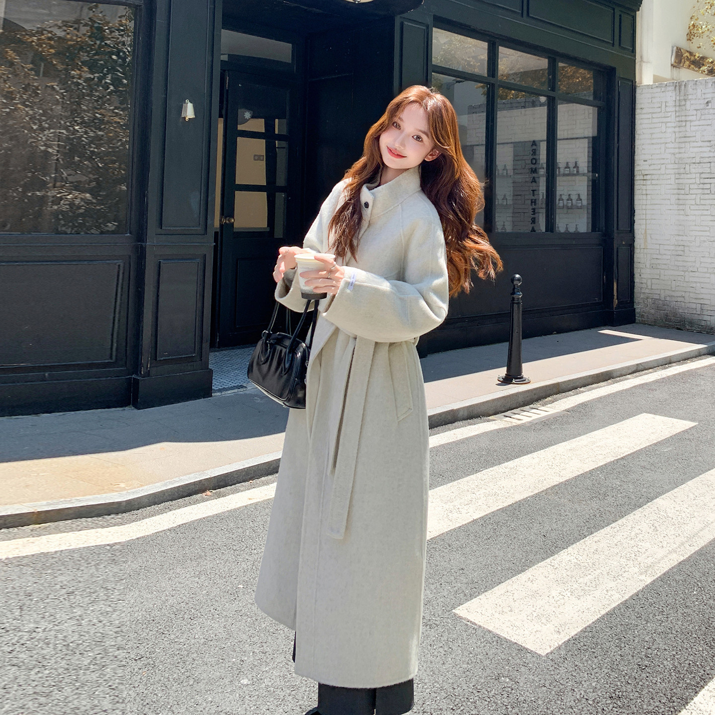 杏色韩系高级感御姐范双面呢羊毛大衣女2025冬季新款收腰毛呢外套