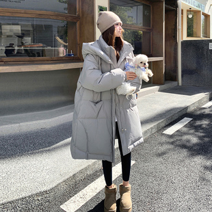 灰色设计感长款连帽羽绒服女2025年冬季新款90白鸭绒大被子面包服