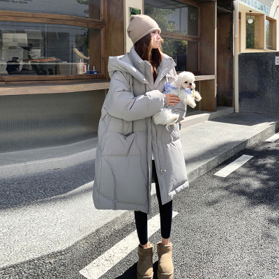 灰色设计感长款连帽羽绒服女