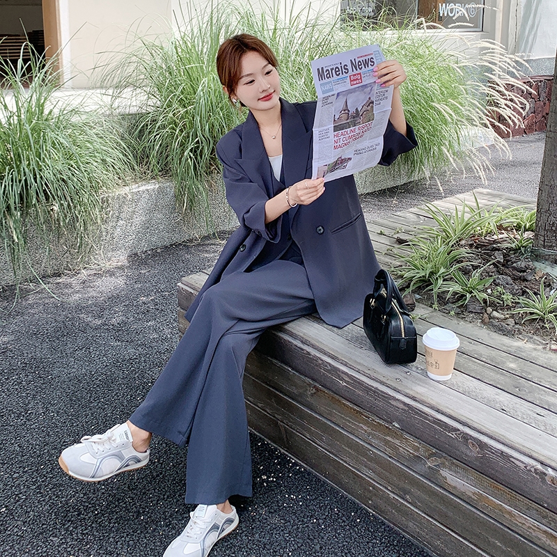 韩系气质高级感休闲西装套装女2025秋季新款简约马甲阔腿裤三件套