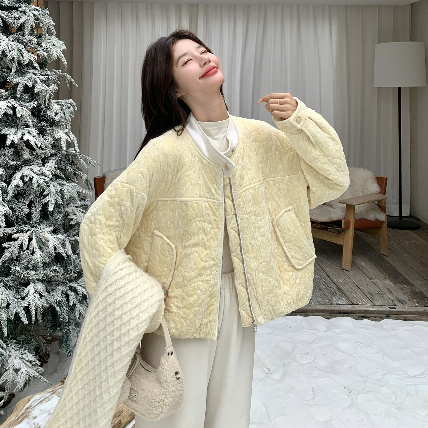 黄色重工蕾丝珠片丝绒棉服外套女2025冬季新款超好看洋气百搭棉衣