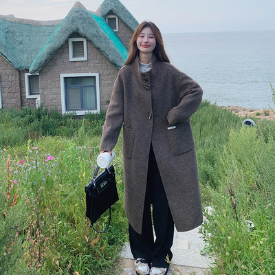 摩卡棕韩系气质氛围感双面呢羊毛大衣女2025冬季新款长款毛呢外套