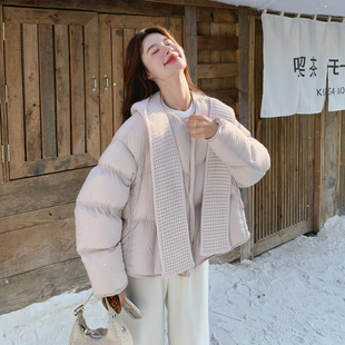 粉色清甜减龄少女感针织连帽羽绒服女2025冬季新款90白鸭绒短外套