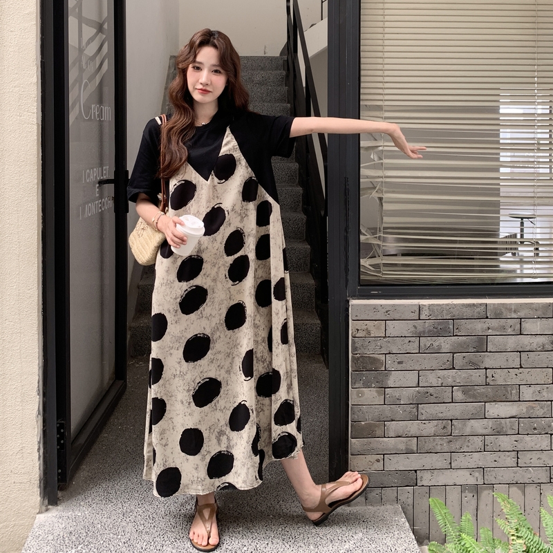 时尚设计感假两件拼接连衣裙女2025夏季新款时髦洋气简约大方长裙