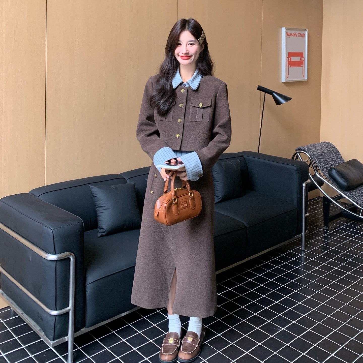 咖色韩版设计感毛呢套装裙女2026春新款条纹衬衫外套半身裙三件套,女装/女士精品,时尚套装,淘宝优惠券,粉丝福利购,淘宝优惠卷