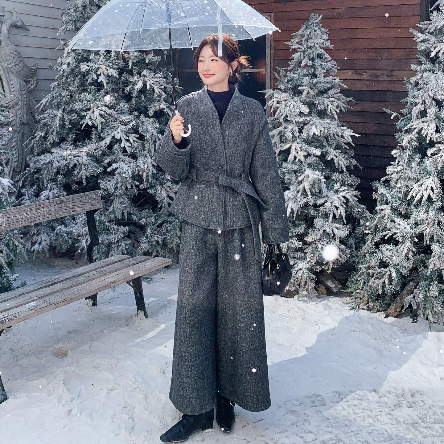 灰色老钱风羽绒毛呢套装女2025冬季新款气质收腰上衣阔腿裤两件套,女装/女士精品,时尚套装,淘宝优惠券,粉丝福利购,淘宝优惠卷