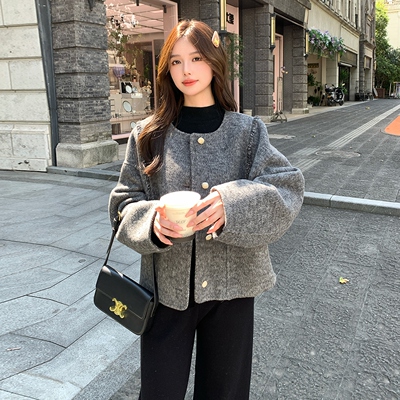 深灰色小个子短款双面呢羊毛大衣女2025年冬季新款学院风毛呢外套
