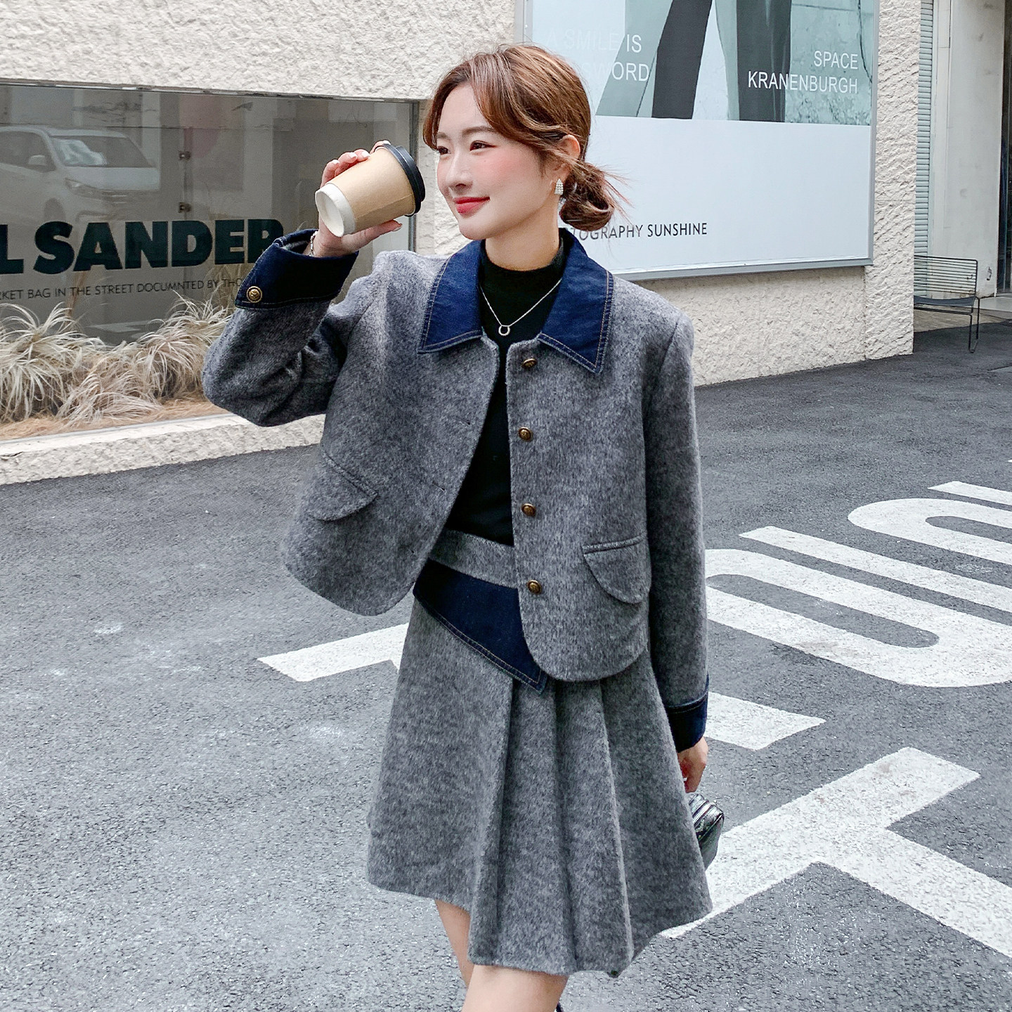 灰色拼色复古双面呢羊毛外套套装裙女2025秋冬新款百褶短裙两件套