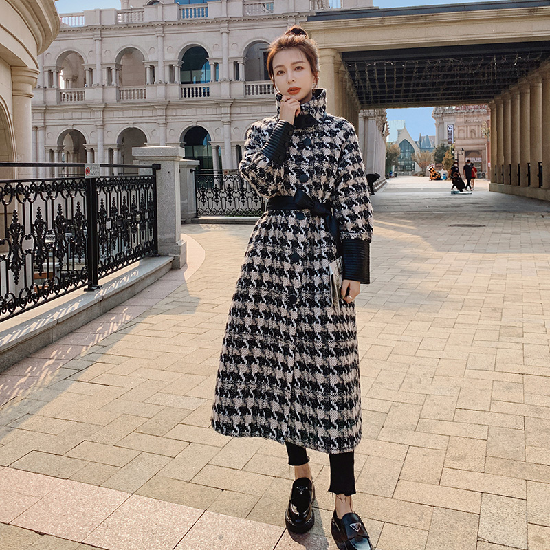 设计感时尚PU皮拼接千鸟格呢大衣女2025冬新款甜酷御姐范毛呢外套