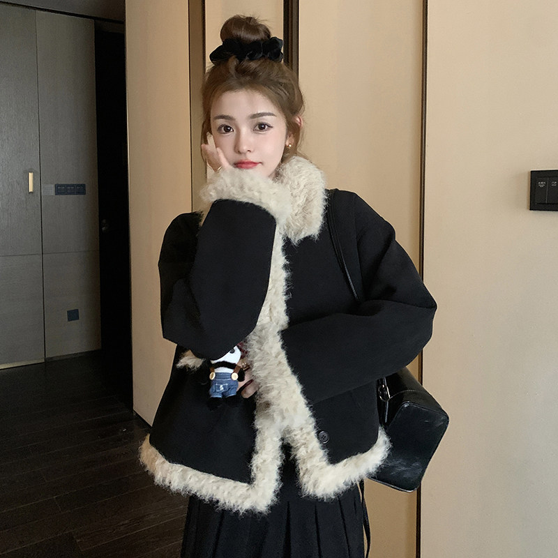 黑色洋气时髦千金感毛绒拼接棉服女2025冬季新款超火百搭棉衣外套