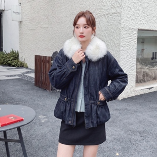 牛仔蓝富家千金感仿牛仔大毛领外套女2026冬季新款皮毛一体派克服