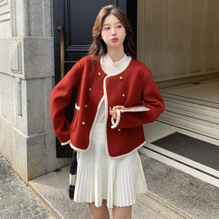 红色气质氛围感双面呢羊绒大衣女2025冬季新款超好看短款毛呢外套