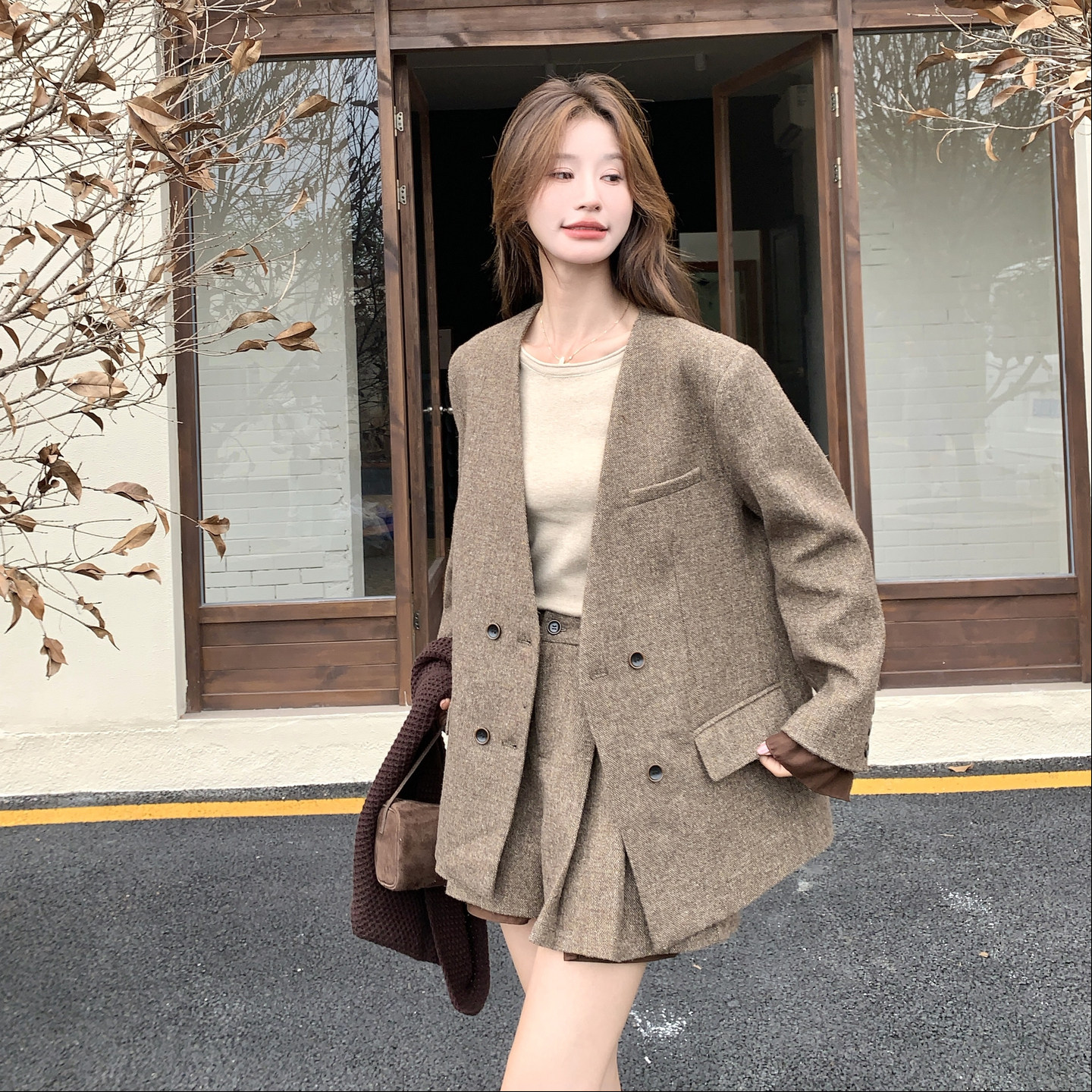 咖色美拉德复古风毛呢套装