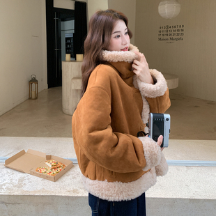棕色奶呼呼羊羔毛皮毛一体外套女2025冬季新款小个子时尚保暖棉服