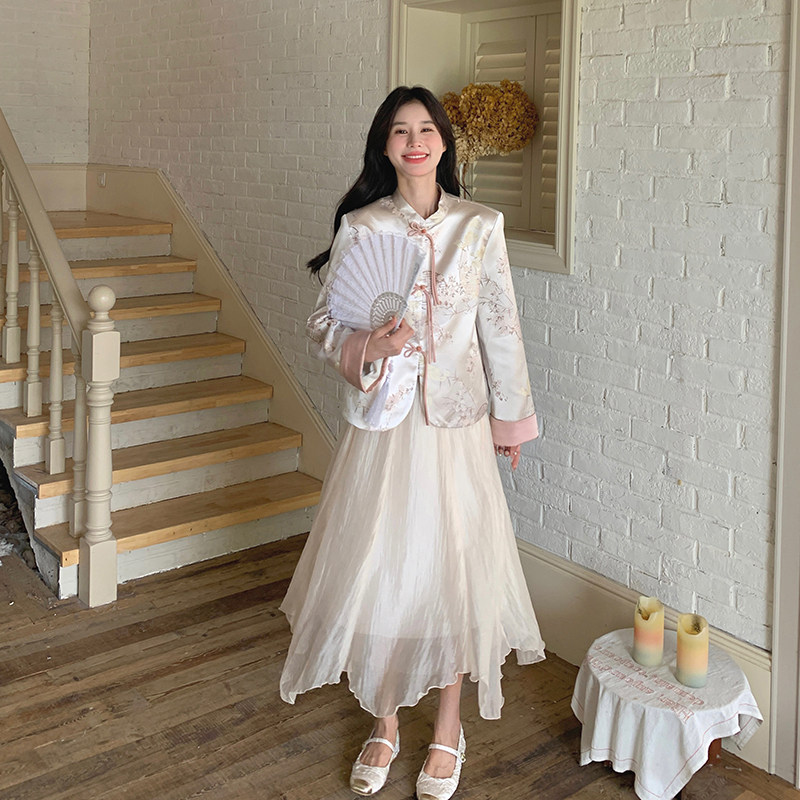 国风新中式复古印花盘扣上衣套装裙女2026春新款网纱半身裙两件套