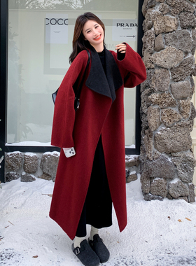 红色韩范气质高级感双面呢羊毛大衣女2025冬新款撞色翻领毛呢外套
