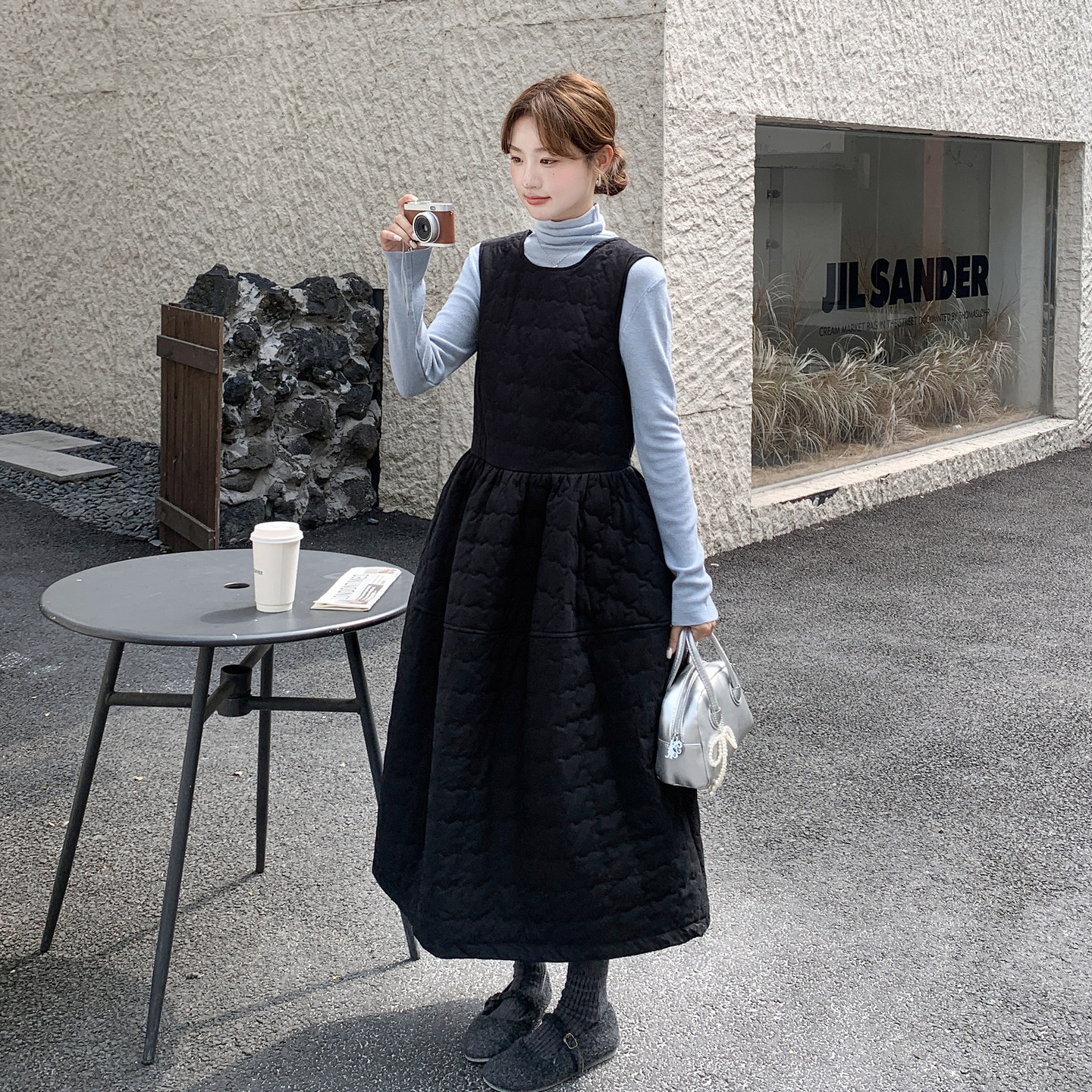 韩系慵懒风夹棉背心连衣裙套装女2025年冬季新款纯色打底衫两件套