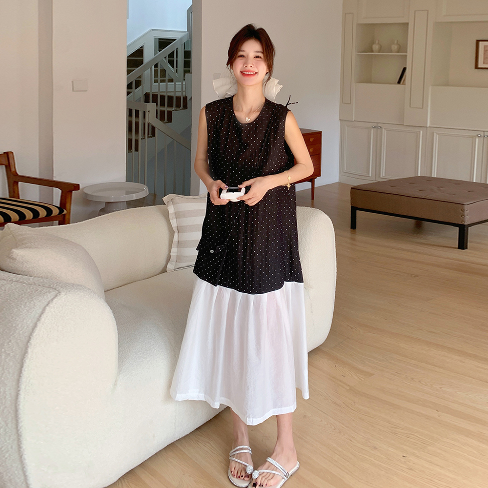 黑色法式复古波点拼接连衣裙女2025夏季新款巨好看时髦洋气背心裙
