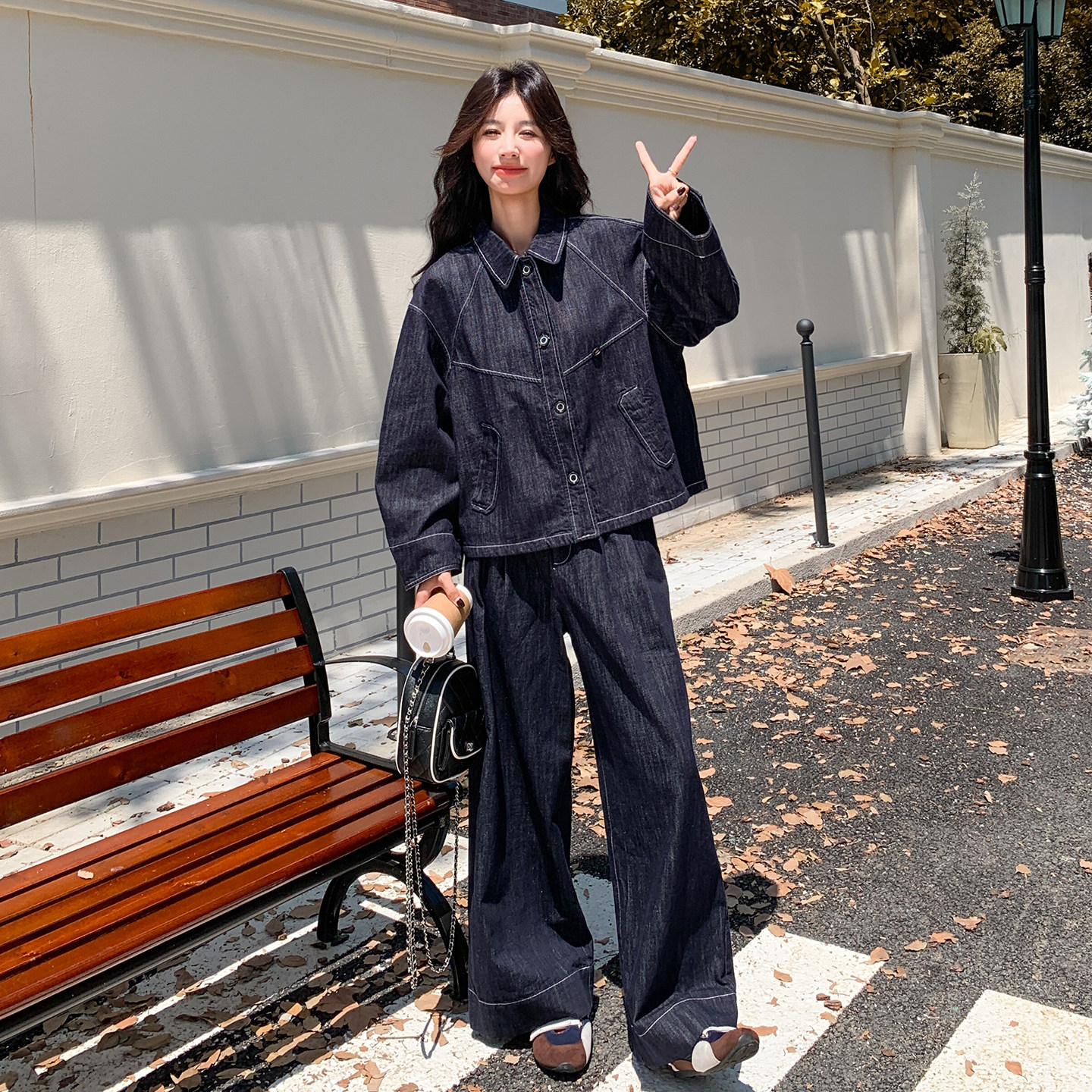 老钱风明线撞色拼接牛仔套装