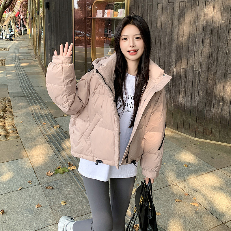 粉色学院风抽绳连帽保暖羽绒服外套女2025冬季新款时髦穿搭面包服