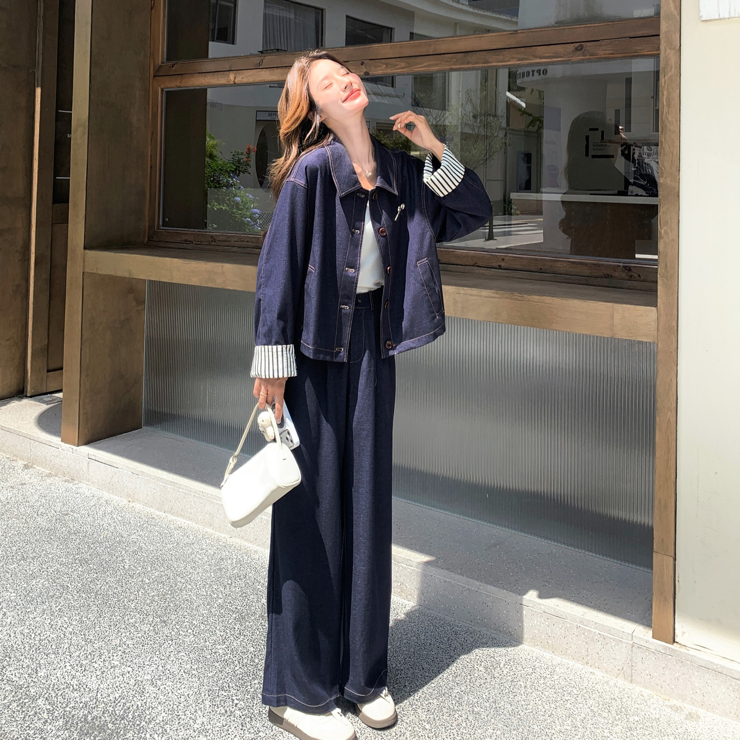 韩系老钱风竖条纹拼接上衣套装女