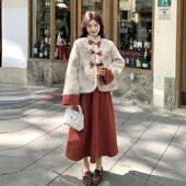 裙女2024冬新款 红色新中式 国风套装 加绒加厚立领外套半身裙两件套