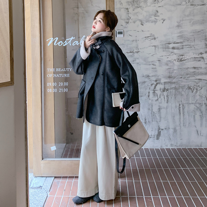 黑色酷飒拽姐风羊羔毛拼接棉服