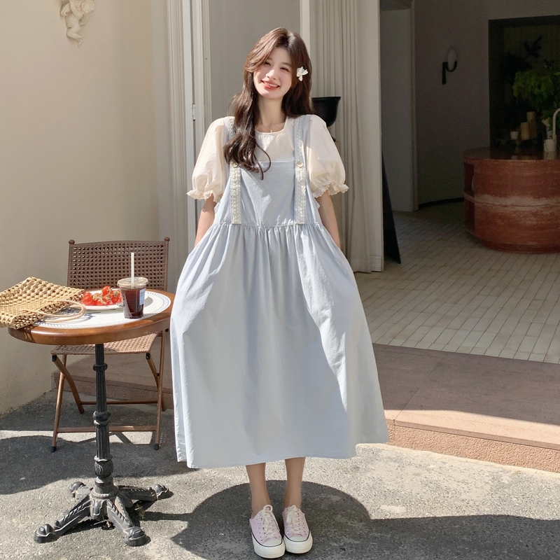 韩系小个子洋气减龄背带连衣裙套装女2025夏季新款休闲T恤两件套