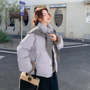 浅紫色韩范气质温柔风羽绒服女2025冬季新款针织披肩连帽短面包服