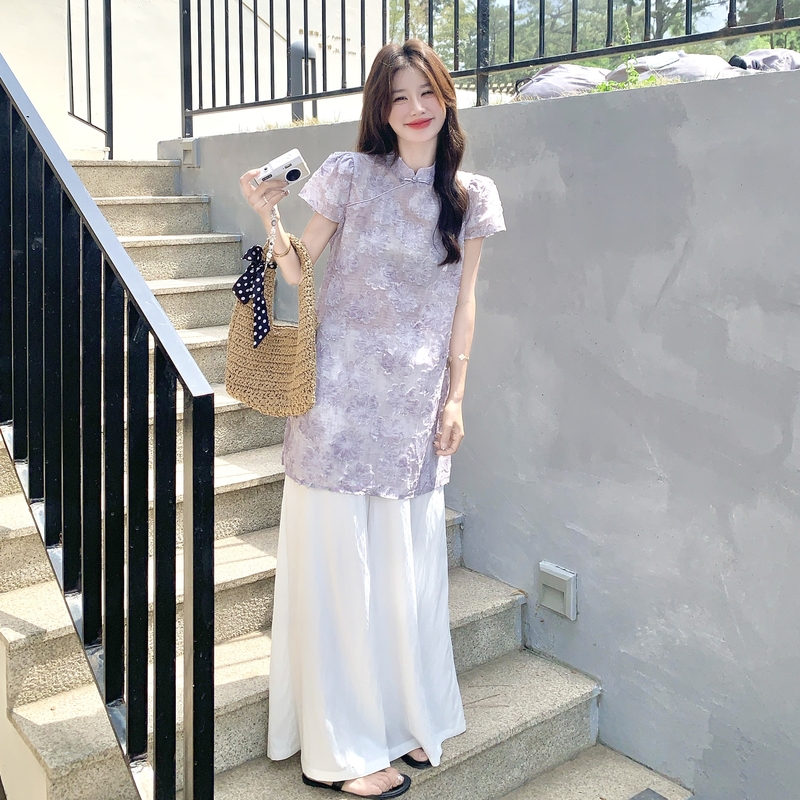 新中式国风高级感套装女2025夏新款复古盘扣立领上衣阔腿裤两件套
