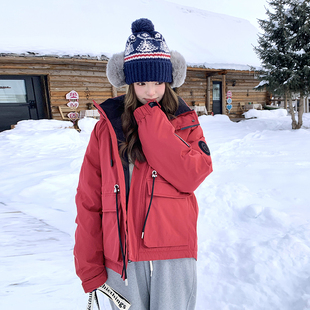 红色工装设计感90白鸭绒派克羽绒服女2025冬新款甜酷气质连帽外套