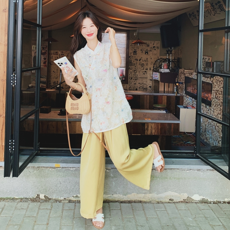 新中式国风复古提花上衣套装女2025年夏季新款松弛感阔腿裤两件套
